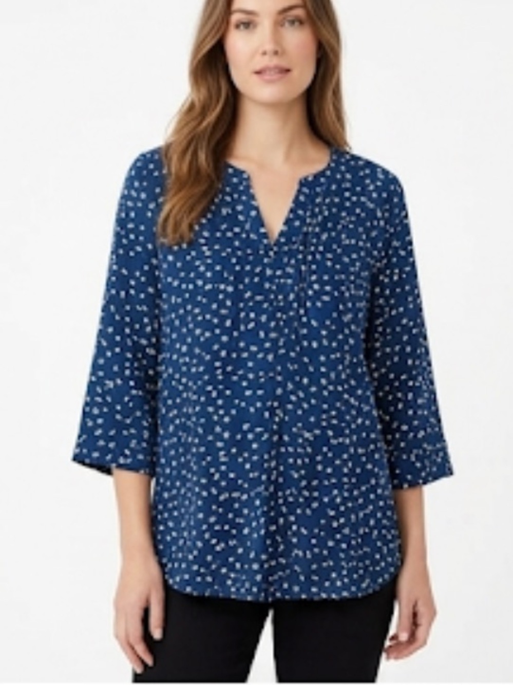 Chaus New York 3/4 sleeve blue no collar V-neck asymmetrical top size M